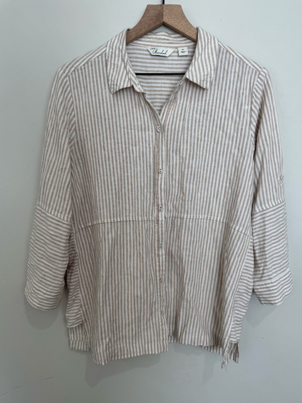 Cafe Marrakesh Women's M Linen Blend Button Up Shirt Coastal Beige Stripe Blouse